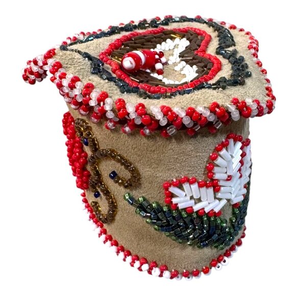 Handcrafted Heart Shaped Beaded Native American Iroquois Trinket Box Suede Lined - Picture 10 of 10